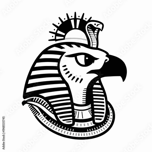 Stunning flat vector illustration of an ancient Egyptian deity Ra, falcon-headed sun god wearing a striped nemes and solar disk crown, representing mythology and history, isolated on white.