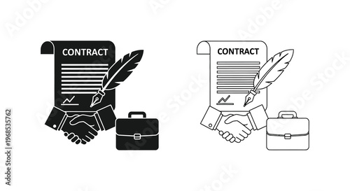 Contract agreement symbolized by a handshake quill and briefcase illustration
