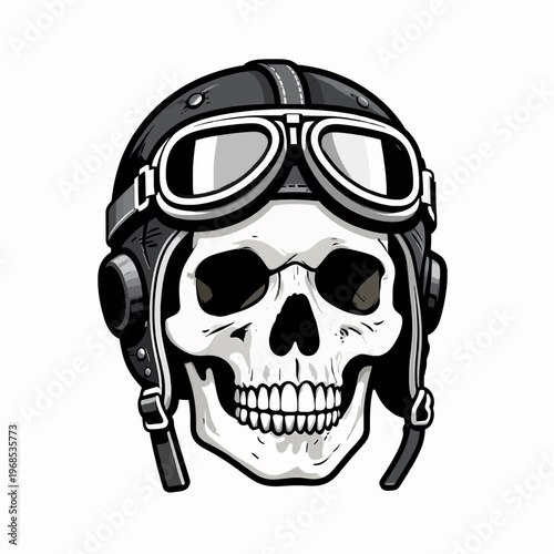 Edgy flat vector illustration of a single human skull wearing a vintage leather aviator helmet and pilot goggles, isolated on white, representing a brave fallen soldier in a military concept.