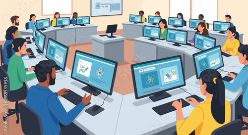 A group of diverse students sitting at desks in a computer lab using monitors