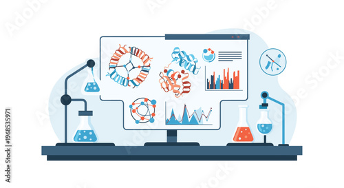 A laboratory setup shows a monitor displaying molecular structures and graphs, flanked by beakers and flasks with colorful liquids.
