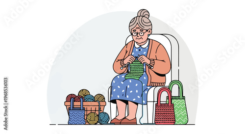 An elderly woman sitting in a chair comfortably while knitting with colorful yarn