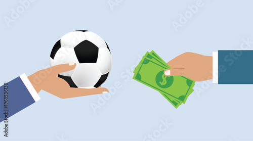 Hand holding soccer ball. Arm giving wad of cash. Unfair betting. Sport competition. Money banknotes bribe. Tournament corruption. Illegal match fixing in football