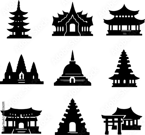 black silhouettes of various asian temple architectures