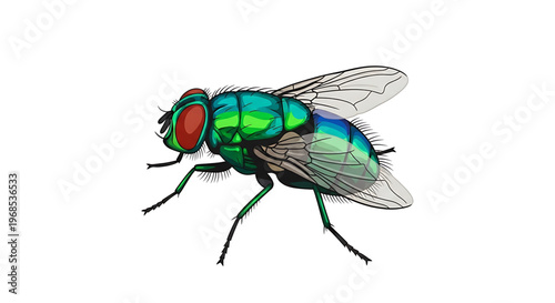 A colorful vector illustration of a green fly with red eyes on a white background