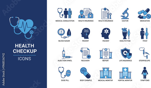 Health checkup and medical diagnostic icon set in flat style featuring patient monitoring insurance tests and healthcare services concepts