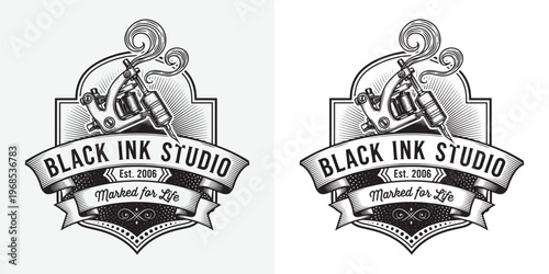 Vintage Black Ink Studio Tattoo Parlor Logo with Coil Machine and Ribbon