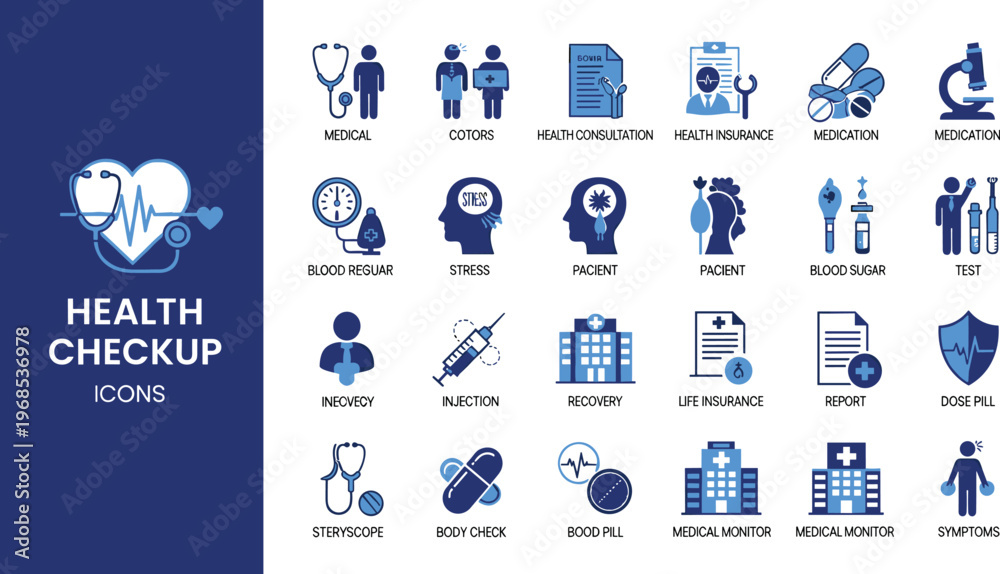 Fototapeta premium Health checkup and medical icon set in flat style featuring patient monitoring diagnosis insurance tests and healthcare service concepts