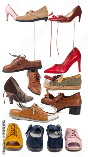 Collection of assorted footwear, including heels, flats, and sandals, suspended in the air against a bright white background
