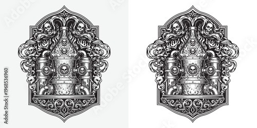 Dark Aesthetic Distillery Illustration with Skulls Smoke and Industrial Pipes