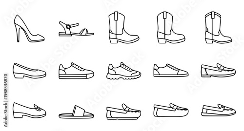 A collection of various shoe styles in a simple line art design