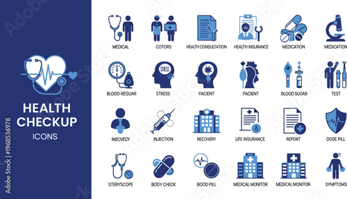 Health checkup and medical icon set in flat style featuring patient monitoring diagnosis insurance tests and healthcare service concepts
