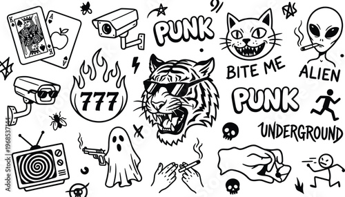 Punk Style Doodle Sticker Set with Tiger Head, Alien, Ghost, Skulls, Flames, Hand Signs and Underground Rebel Vector Illustrations
