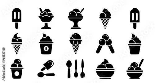A set of black and white vector icons depicting various ice cream treats and utensils