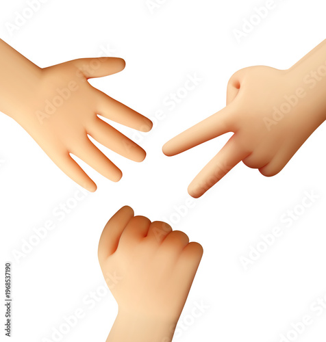 Three 3D hands playing rock paper scissors game