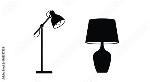 Minimalist illustration of two black lamps a desk lamp and a table lamp