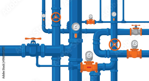 A dense network of blue pipes with orange and gray valves and pressure gauges is intricately arranged on a white background.