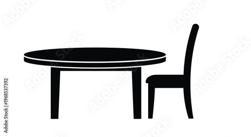 Simple black and white illustration of a round table and chair