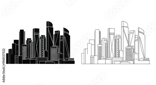 Black and white cityscape illustration featuring modern skyscrapers and urban design