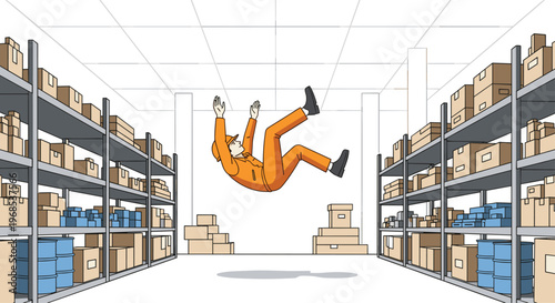 An orange-clad worker is falling mid-air between two tall shelving units filled with cardboard boxes in a warehouse setting.