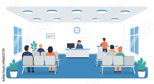 Several people are seated on light grey benches in a modern reception or waiting room with a central desk and circular ceiling lights.