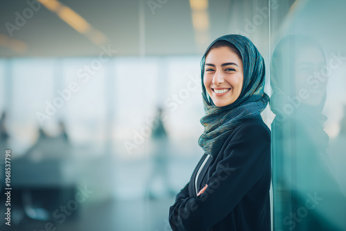 Business woman radiant joyful disciplined visionary focused female CEO entrepreneur in modern office boardroom teamwork workspace success portrait.