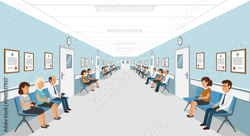 Numerous patients and visitors are seated on blue benches lining a long, light blue hospital or clinic hallway with white doors.