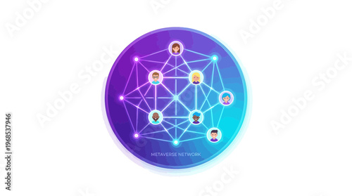 Vibrant metaverse network illustration depicting diverse user avatars interconnected within a futuristic digital community, symbolizing global virtual social connections and technological advancement.