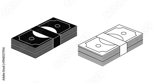 Two stacks of money a larger and smaller pile in black and white