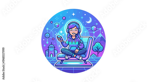 Colorful metaverse lifestyle illustration showing a relaxed female avatar with headphones and controller, immersed in a vibrant virtual world with futuristic cityscapes and digital elements.