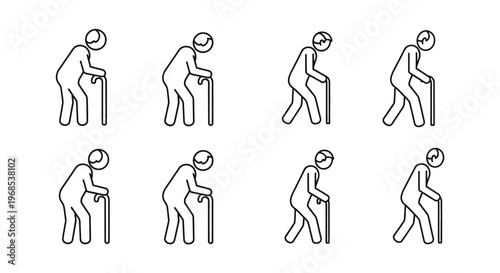 Line art illustration of eight elderly people walking with canes