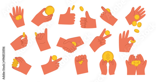 Collection of cartoon hands showing coin gestures like counting, giving, taking, tossing and holding money. Ideal for finance concepts, apps, and UI design.