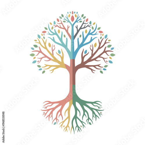 Colorful Tree of Life with Roots, Abstract Branches and Leaves, Diverse Colors