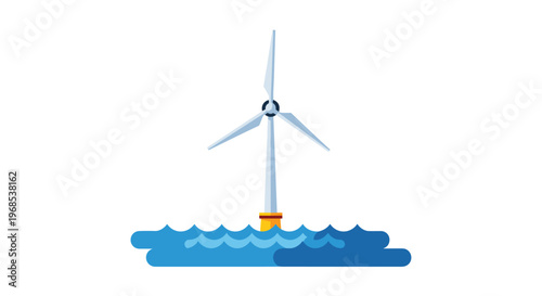 A single, modern offshore wind turbine with three white blades stands prominently in a body of blue water against a pure white background.