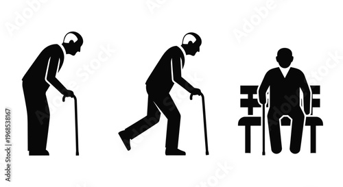 Silhouettes of three elderly men in different poses utilizing walking canes