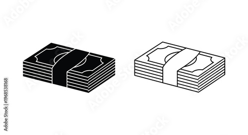 Two stacks of money one solid black and one outlined on a white background