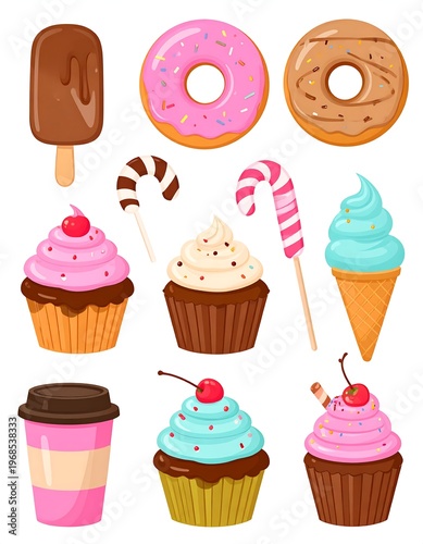 Collection of assorted sweets, desserts, and coffee ice cream bars, donuts, cupcakes, candy, and a beverage