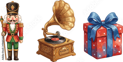 Christmas Vintage Elements Set with Nutcracker Soldier, Gramophone and Gift Box, Classic Holiday Illustration for Decoration and Festive Design