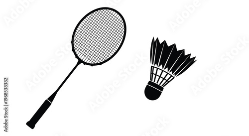 A black and white illustration of a badminton racket and shuttlecock