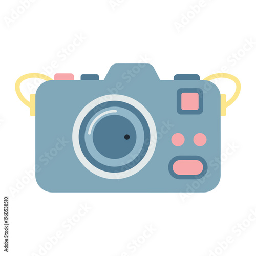 Retro Blue Camera Icon with Yellow Strap - Flat Design Photography Symbol