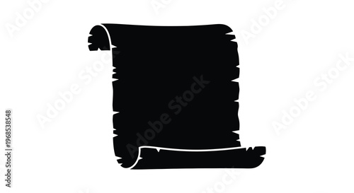 A simple black silhouette of a rolled parchment scroll isolated on white