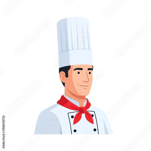 Smiling Male Chef in Traditional Uniform with Toque Blanche and Red Scarf
