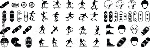 Skateboarding Icon Set with Gear and Tricks, Vector Illustration Collection of Skateboard Equipment, Actions, and Symbols for Sports Design, Apps, UI, and Website Projects