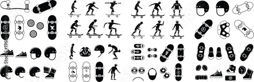 Skateboarding Icon Set with Gear and Tricks, Vector Illustration Collection of Skateboard Equipment, Actions, and Symbols for Sports Design, Apps, UI, and Website Projects