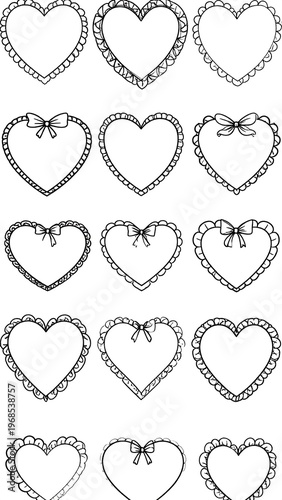 Collection of black and white heart-shaped frames with decorative edges, bows, and varying interior shapes
