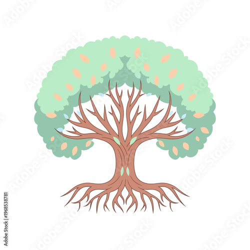 Stylized Tree of Life Illustration with Roots and Green Foliage