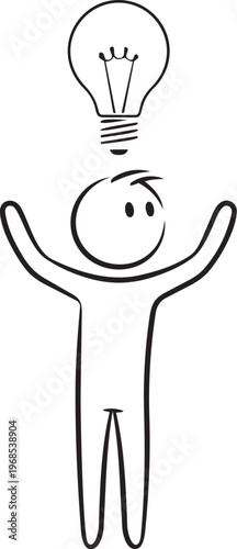 Stick figure gazing upward at a glowing light bulb overhead