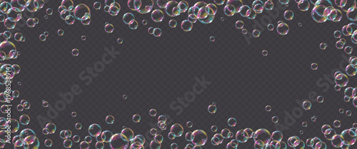 Vector realistic frame  rainbow soap bubble with reflection isolated on transparent background. Flying png glass bubbles.