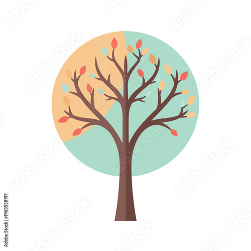 Stylized tree with colorful leaves in abstract circle background, flat design