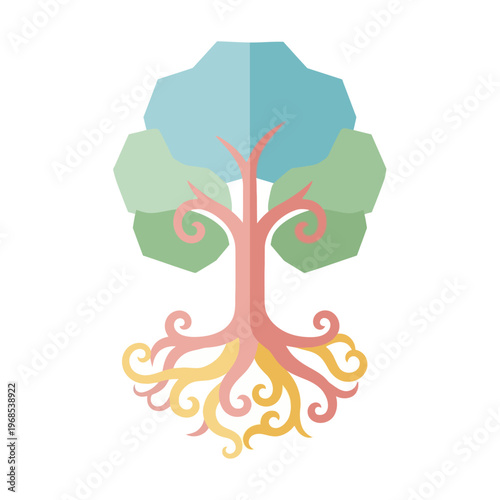 Stylized Tree with Swirling Roots and Geometric Leaves on White Background